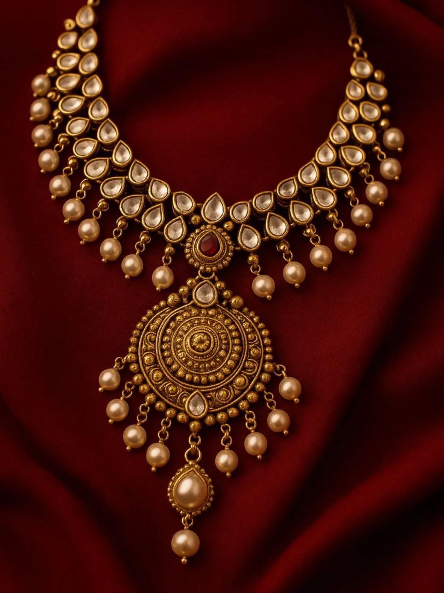 Ornate gold necklace with pearls on a red fabric background