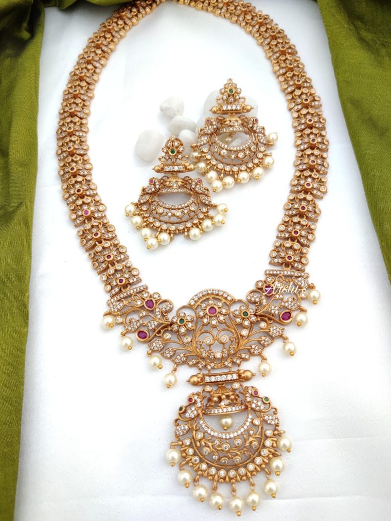 ong pearl imitation necklace set with antique gold finish and stone work bridal jewellery