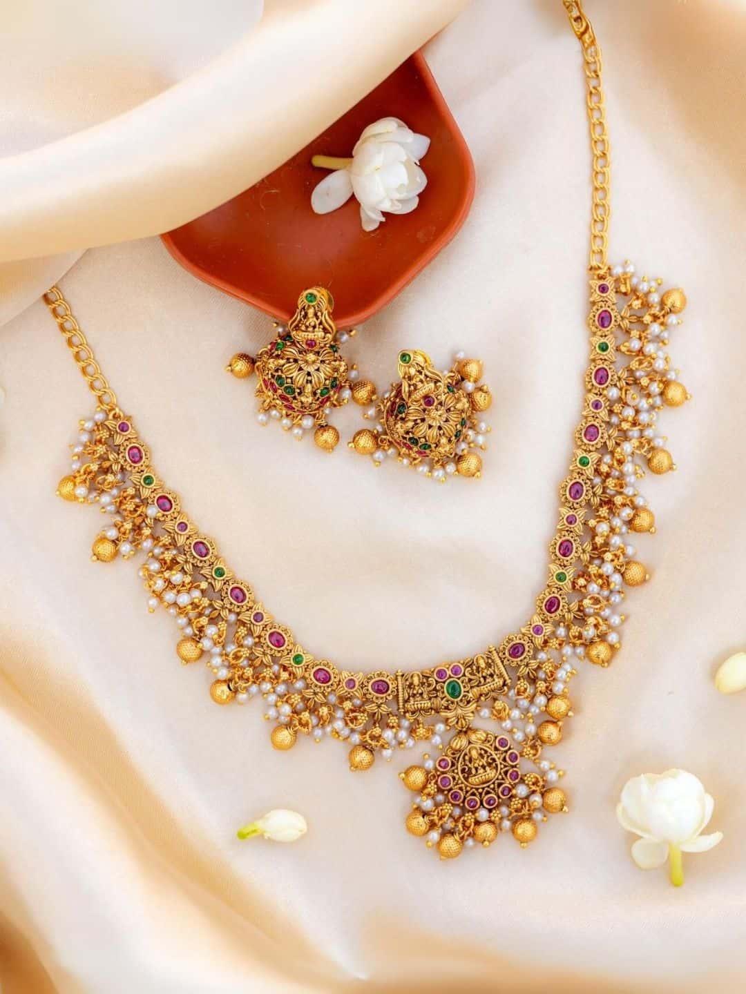 Antique temple imitation necklace set with pearl drops and multicolor stones for wedding wear