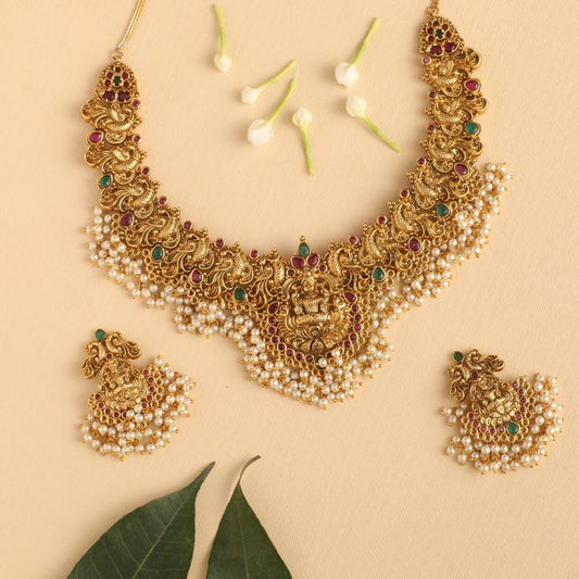 lakshmi temple imitation necklace set choker style with pearl drops antique bridal jewellery