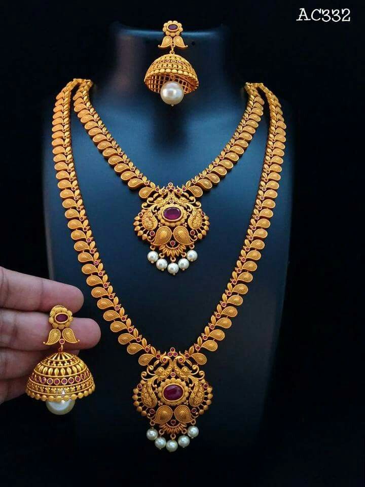 dual layer imitation necklace set with antique gold finish and jhumka earrings bridal jewellery