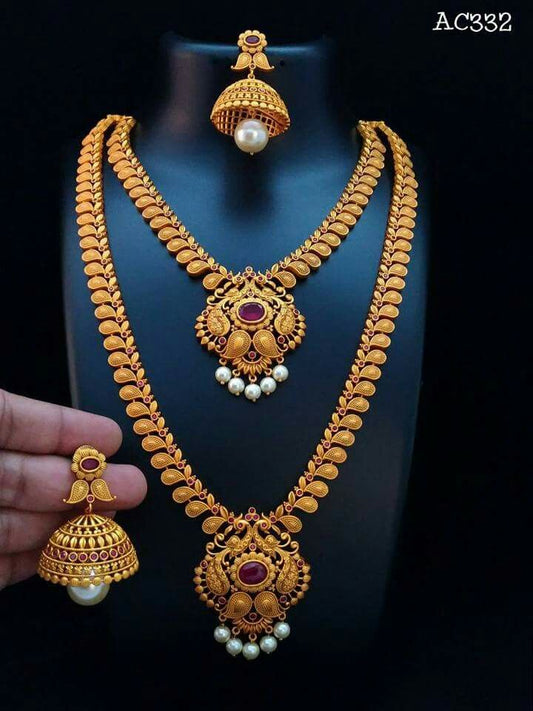 dual layer imitation necklace set with antique gold finish and jhumka earrings bridal jewellery