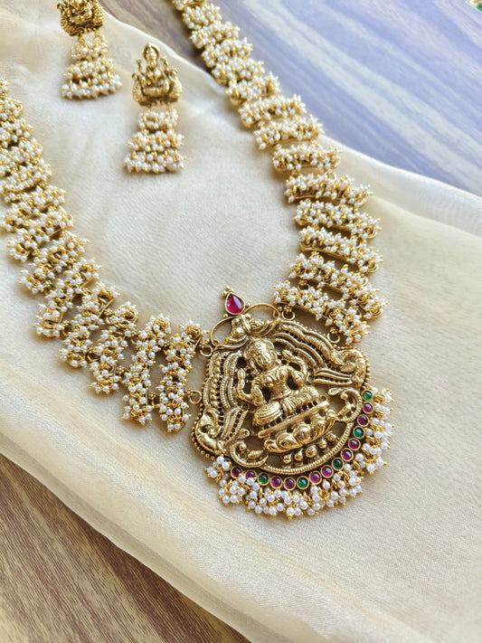 lakshmi temple imitation necklace set with pearl work antique gold bridal jewellery