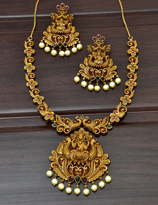 Lakshmi temple imitation necklace set with antique gold finish and pearl drops bridal jewellery