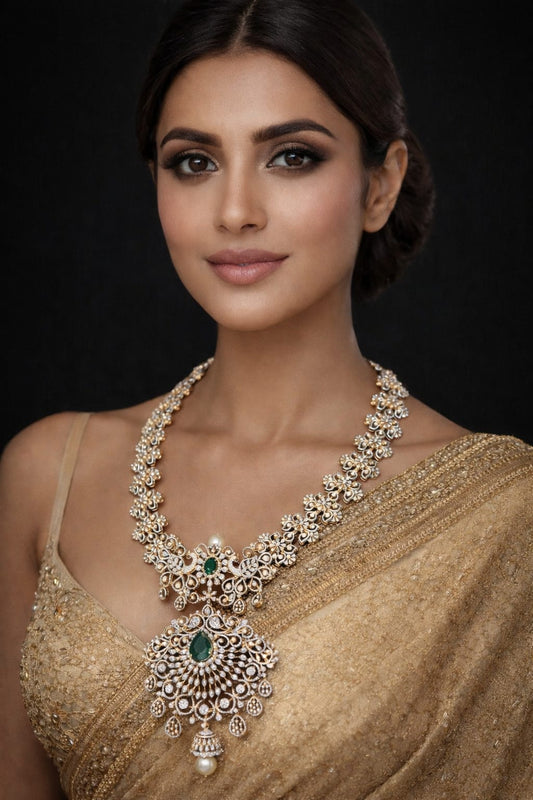 Woman wearing a luxurious diamond necklace against a dark background