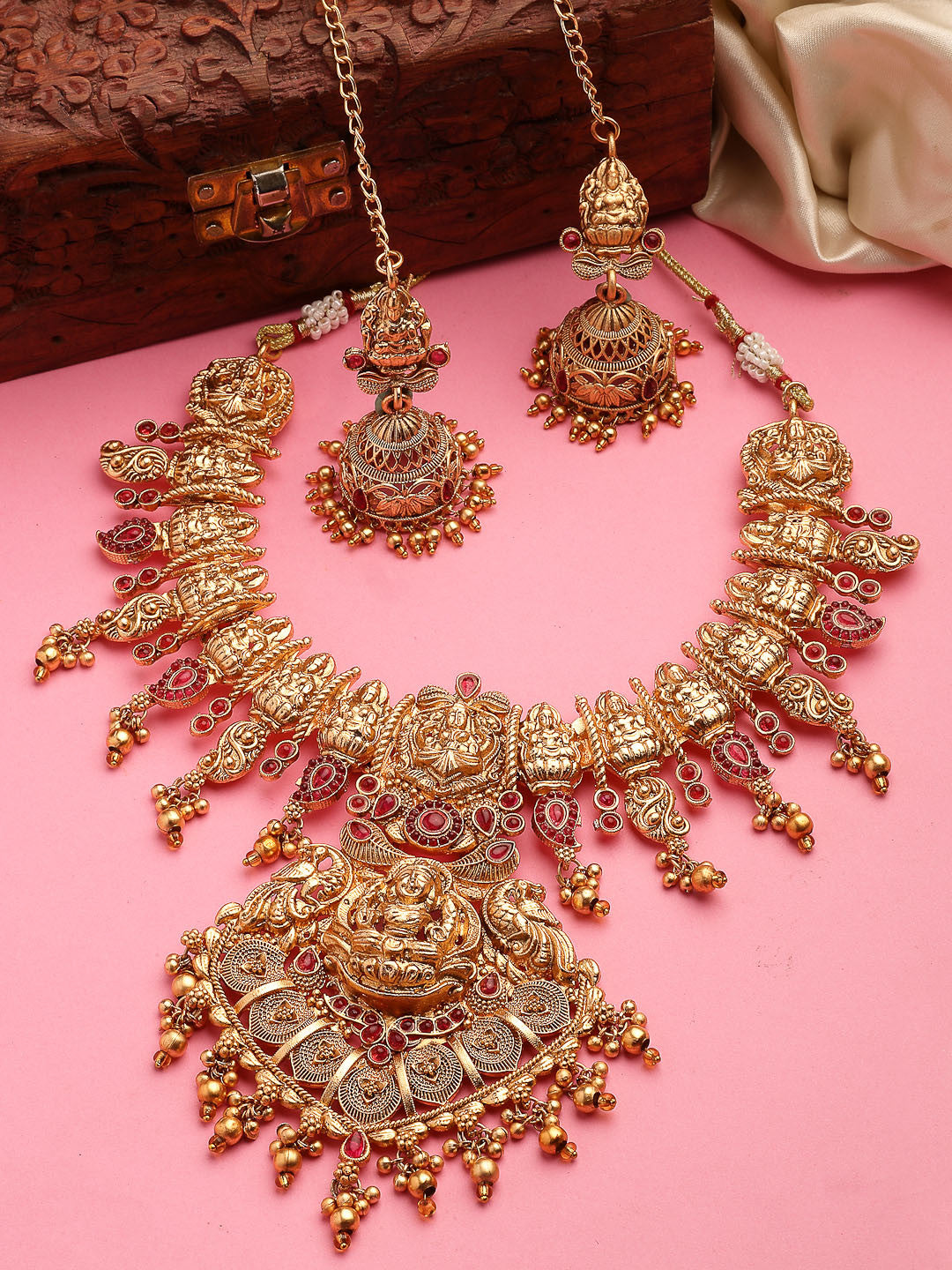 heavy lakshmi temple imitation necklace set with red stones antique gold bridal jewellery