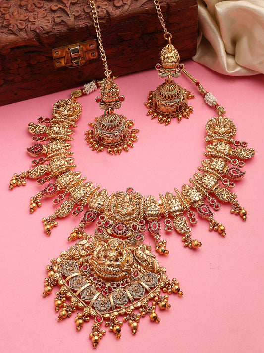 heavy lakshmi temple imitation necklace set with red stones antique gold bridal jewellery